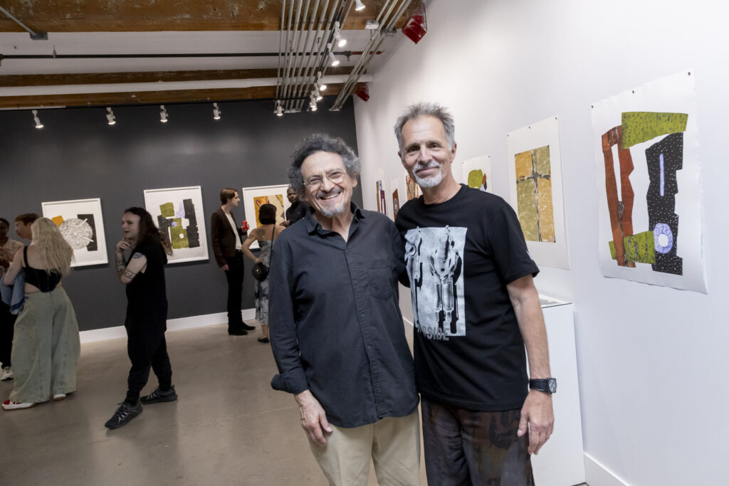 Installation view with Harold Wortsman (left) and gallerist John Gagné. Photo by Dean Tomlinson, his Instagram @deantomlinsonphotography