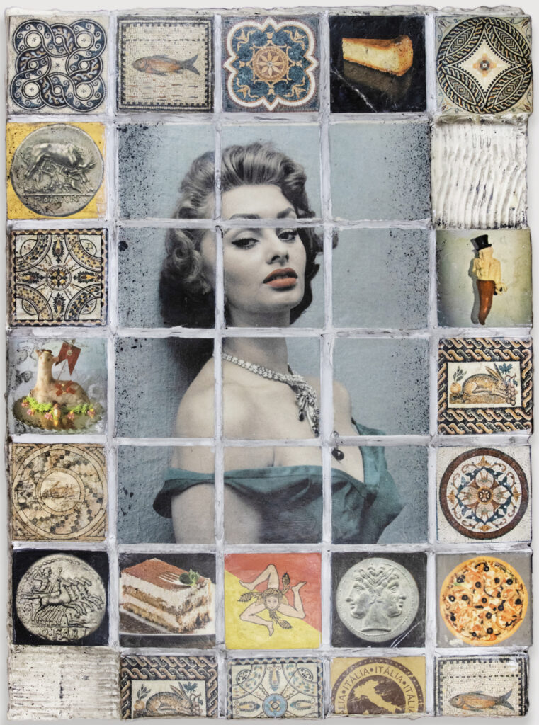 Wayne Montecalvo, Sophia, 2024, mixed media, foam, cardboard, wax, digital images, 30 x 22 x 2 inches