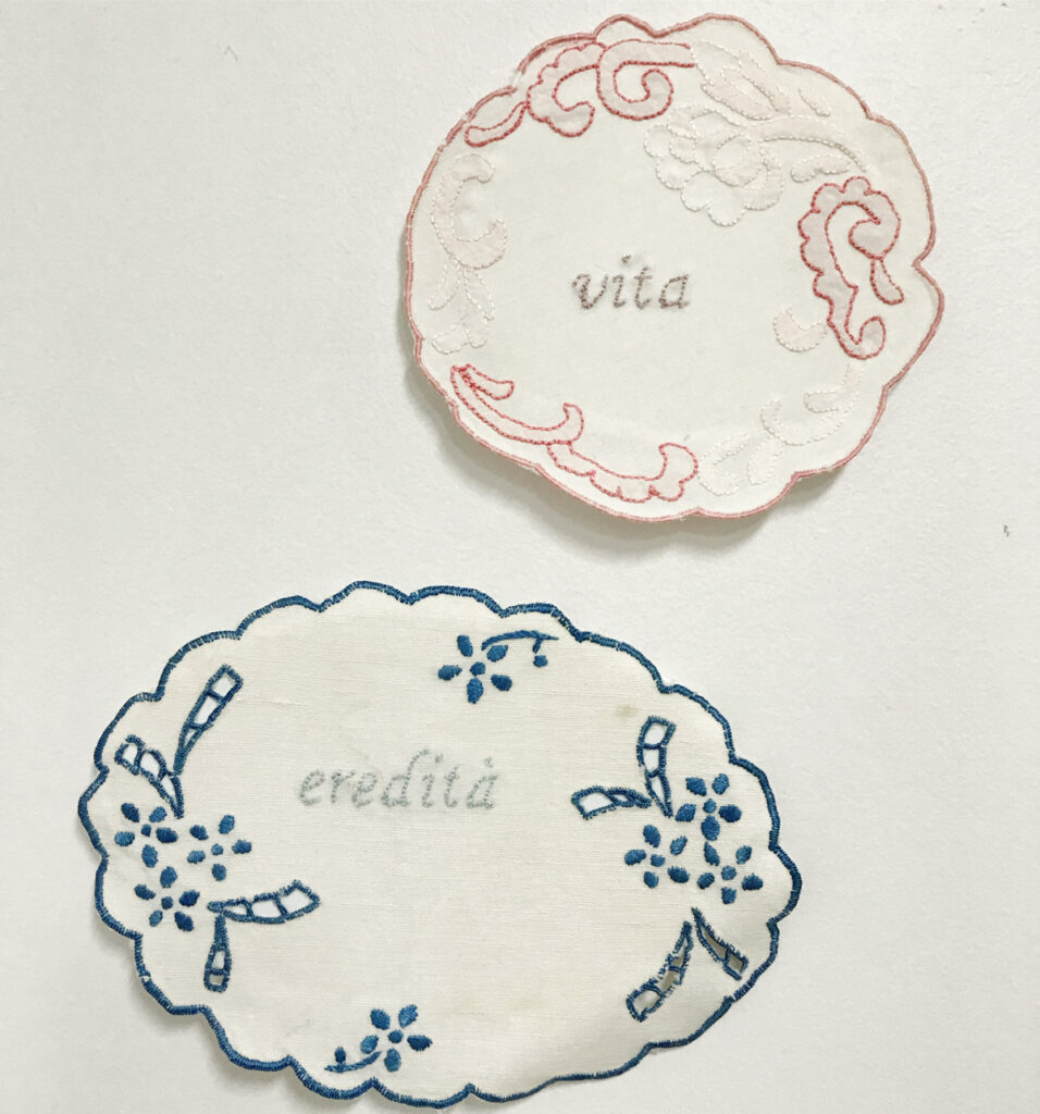 Luci Callipari-Marcuzzo, Vita (Life) and Eredità (Heritage), 2018, embroidered linen; 5 inches diameter and 5 x 7 inches, respectively