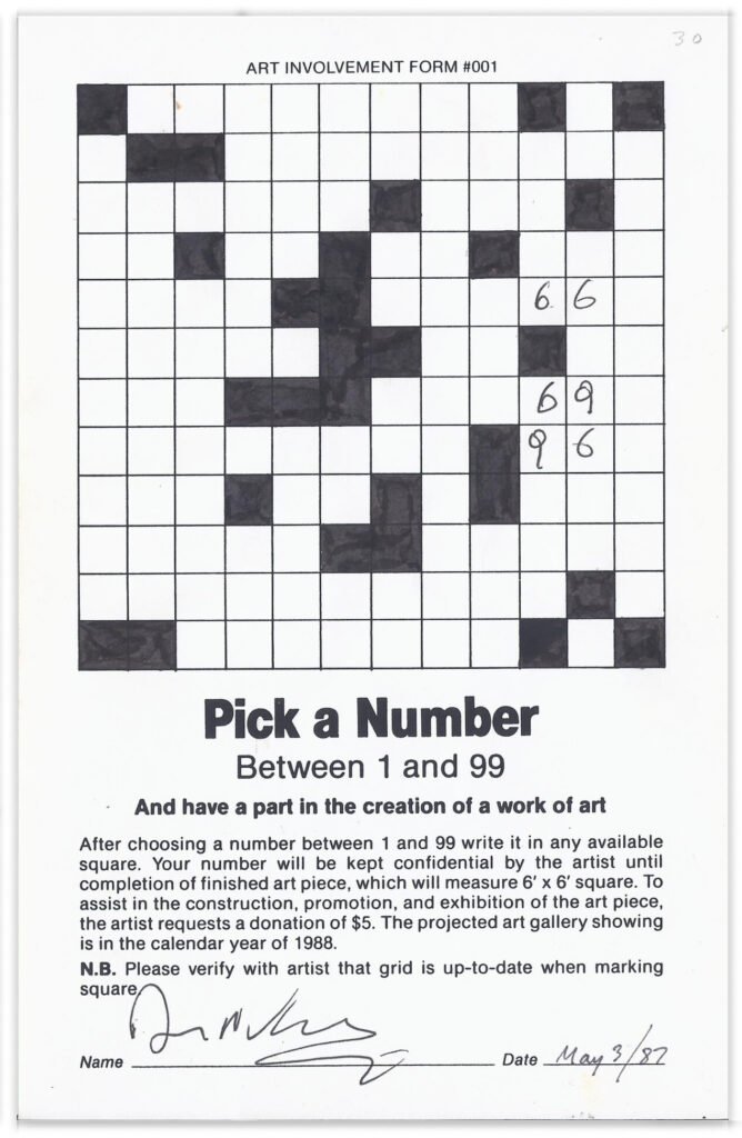 Steve Rockwell, Pick a Number between 1 and 99, 1987, printed form with ink, 8.5 x 5.5 inches. Form signed by Jerzy Kosinski on May 3, 1987 at his Toronto "Being there" talk
