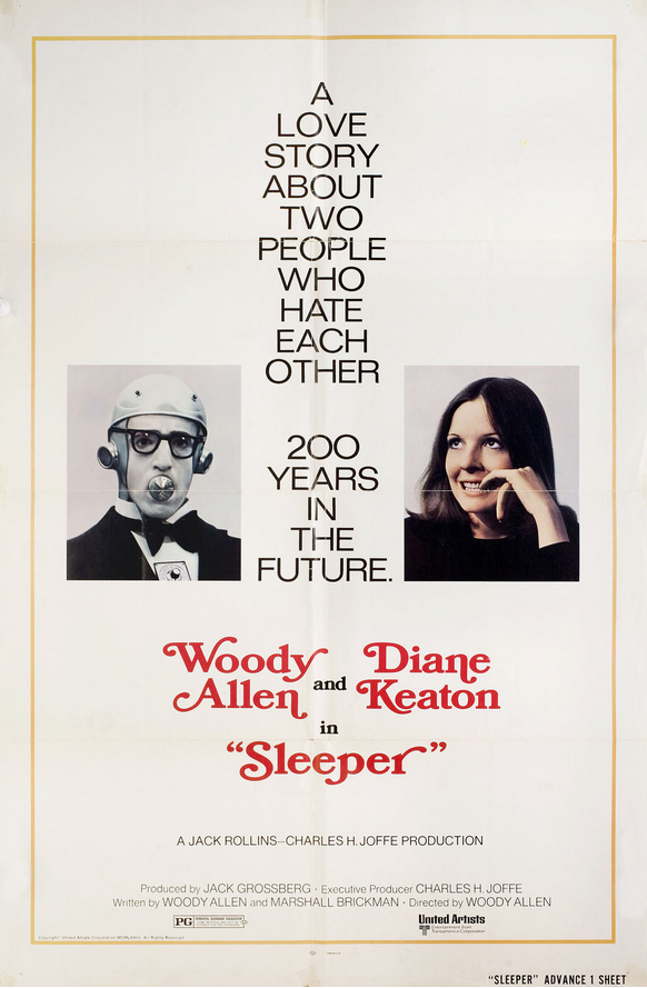 Woody Allen's Sleeper (1973) .Directed by and starring Woody Allen, with Diane Keaton, the film begins with Miles Monroe, proprietor of a Greenwich Village health-food store, being accidentally cryogenically frozen in 1973. He awakens 200 years later, in 2173