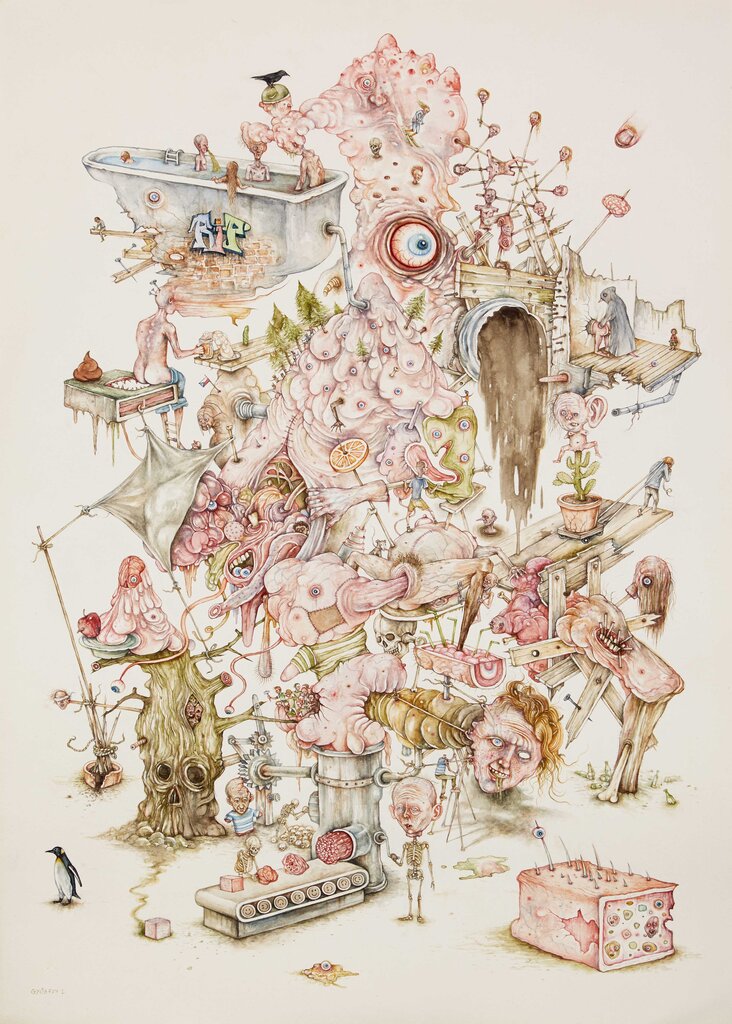 László Győrffy: Exquisite Corpse III (The Delayed Last Minute Summer Holiday Of Léo-Karl d’Orfer On the Ninth Day After the Death of Ozone Layer), 2018, watercolor on paper, 70x50cm