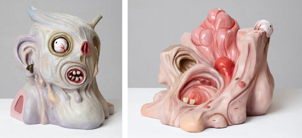 László Győrffy: Facefuck VII., 2015, ceramics, oil, 24,5x21x21,2 cm (left) and Facefuck X., 2015, ceramics, oil, 17,4x22x24cm (right)