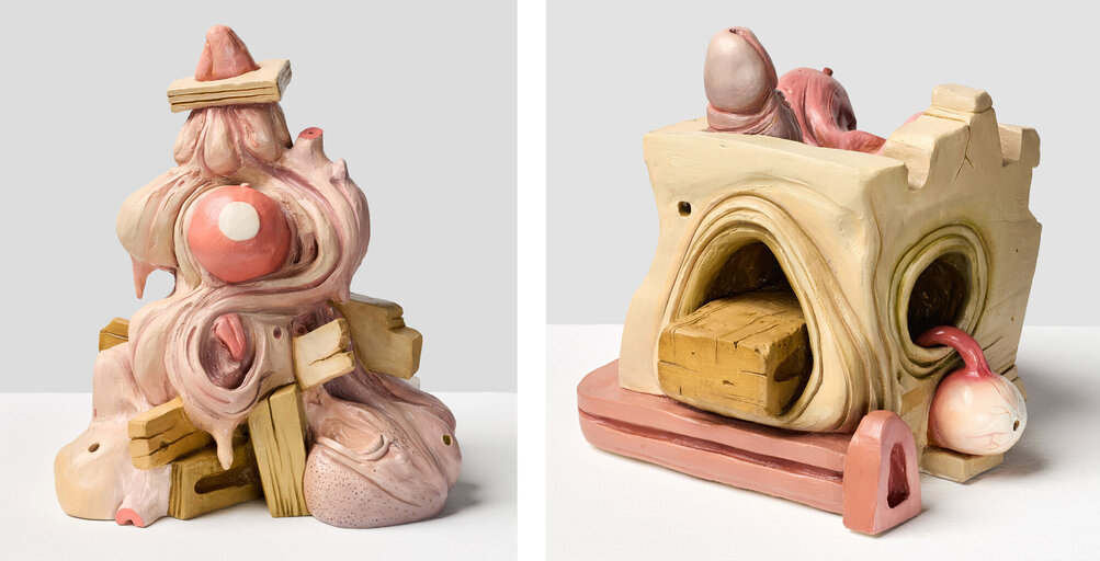 László Győrffy: Missing item from the Budapest Abstract Bank collection (BF03), 2025-2026, ceramics, oil, 22,3 x 19 x 18 cm (left) and Cloned Bastard (BF05), 2025-2026, ceramics, oil, 18,2 x 17 x 18 cm (right)