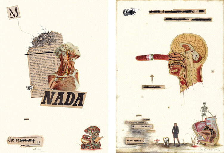 László Győrffy: Waste Calendar 18 (left) and Waste Calendar 13, (right), each 2023-2024, collage and mixed media on paper, 29,7x21cm