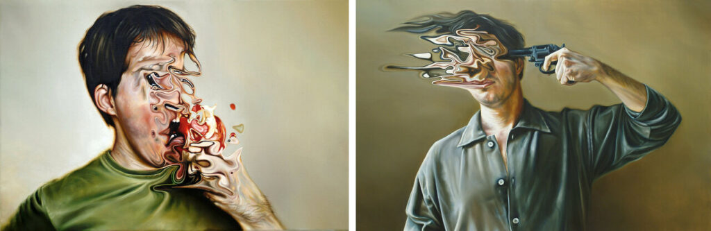László Győrffy: Virus (The Fall of Adam), 2005, oil on canvas, 40x60cm (left) and The Anatomy of the Grotesque, 2005, oil on canvas, 60x106cm (right)
