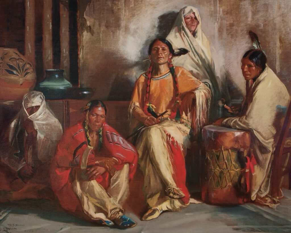 Julius Rolshoven, The Indian Council, ca.1916. oil on sized burlap-laid canvas, 72 x 90-1/2 inches. Collection of the New Mexico Museum of Art, Santa Fe, New Mexico