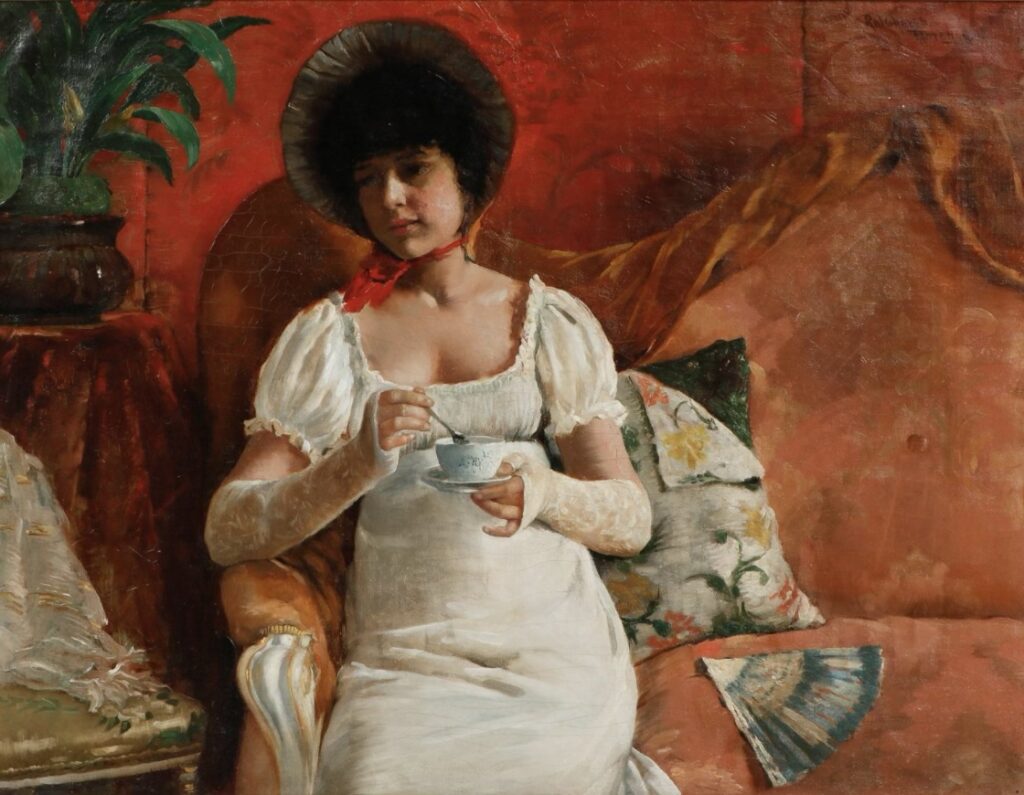 Julius Rolshoven, Florence, Tea Time, 1887, oil on canvas, 22-1/2 x 30 inches. Private Collection