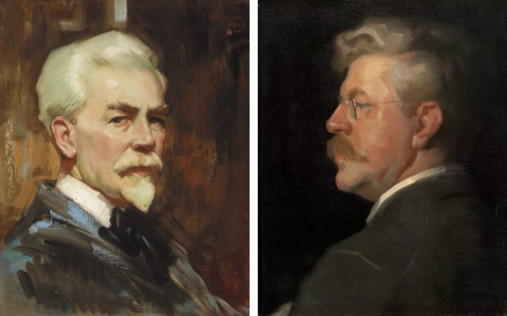 (Left) Julius Rolshoven, Self Portrait, 1924. oil on canvas, 19-3/4 × 15-5/8 inches. Collection of the Detroit Institute of Arts, Detroit, Michigan. (Right) Julius Rolshoven, Portrait of Frank Duveneck, ca. 1894, oil on canvas, 30 x 16 inches. Collection the National Academy of Design, New York, NY