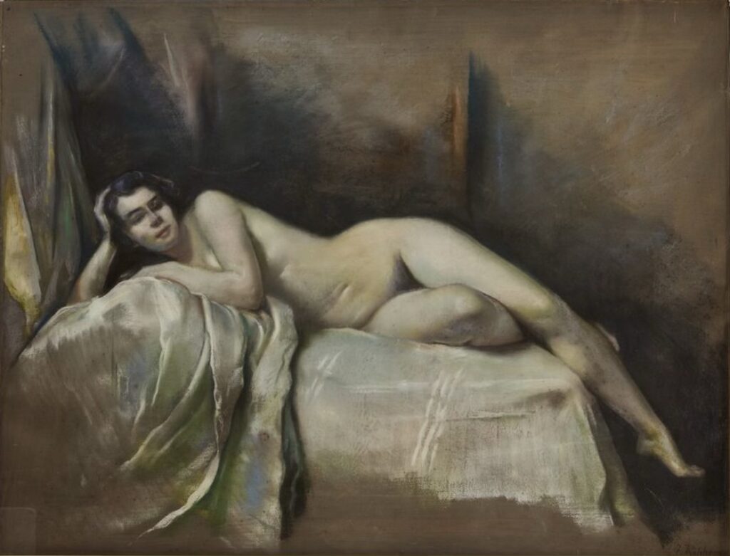 Julius Rolshoven, Reclining Nude, ca. 1878-1879, pastel on paper mounted to canvas, 26-1/2 x 34 inches. Created during the Duveneck Boys cohort days. Private Collection