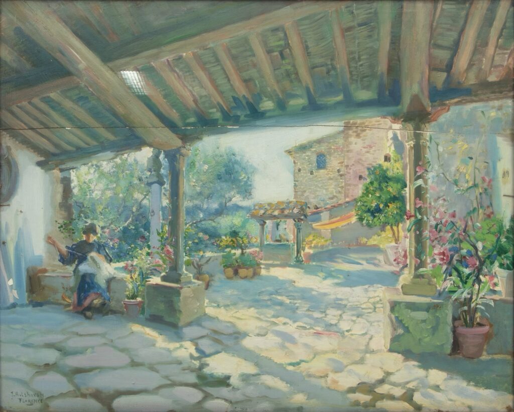Julius Rolshoven, Woman Sewing in Sunlit Courtyard, Florence, ca. 1905-1910, oil on cradled wood panel, 25-1/2” x 31-/2 inches. Private Collection